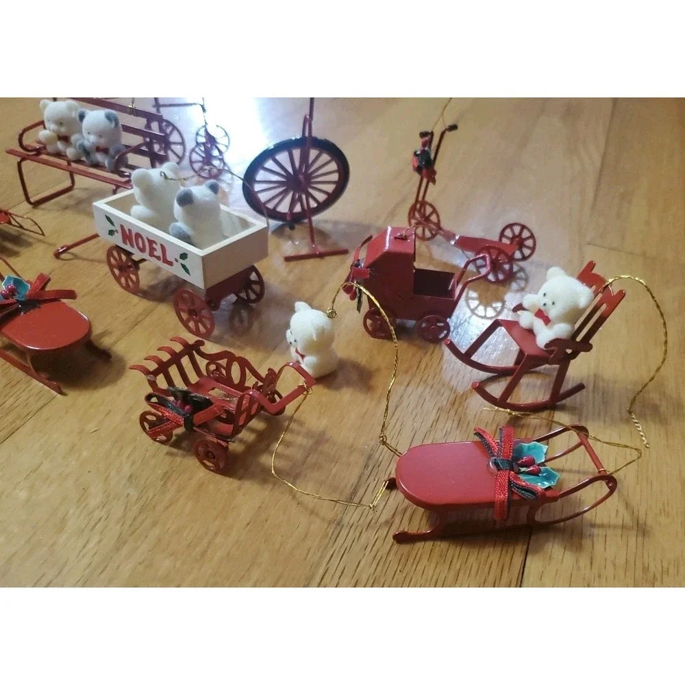 Vintage 80s Flocked Teddy Bear Christmas Ornaments Red Metal Lot Sled Wagon